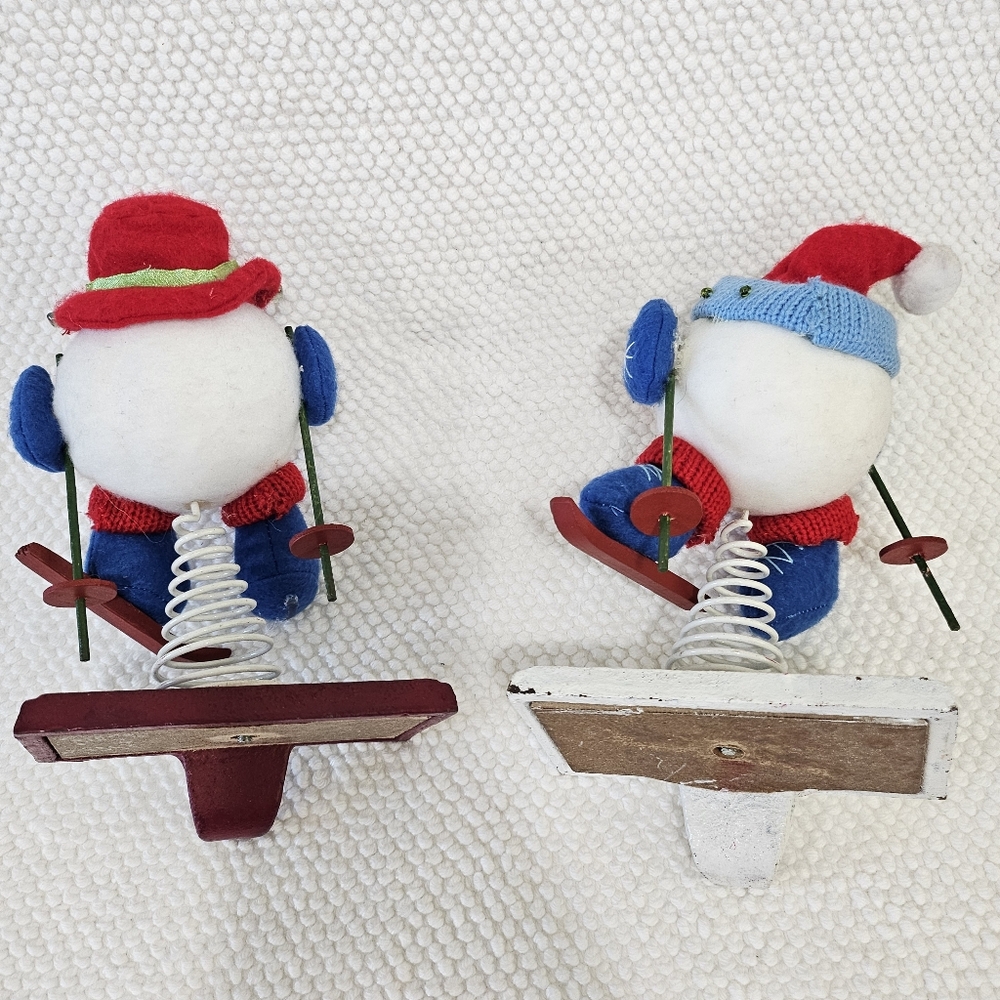 Skiing Snowman Stocking Holders Set Mr & Mrs Handmade Metal Set - Picture 10 of 12